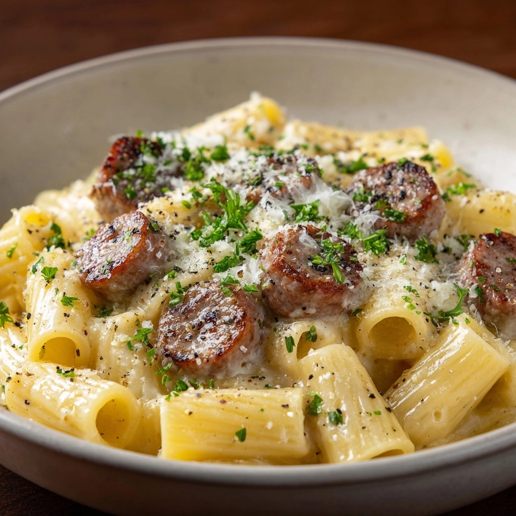 Garlic Sausage Alfredo Rigatoni Recipe - Recipe Image