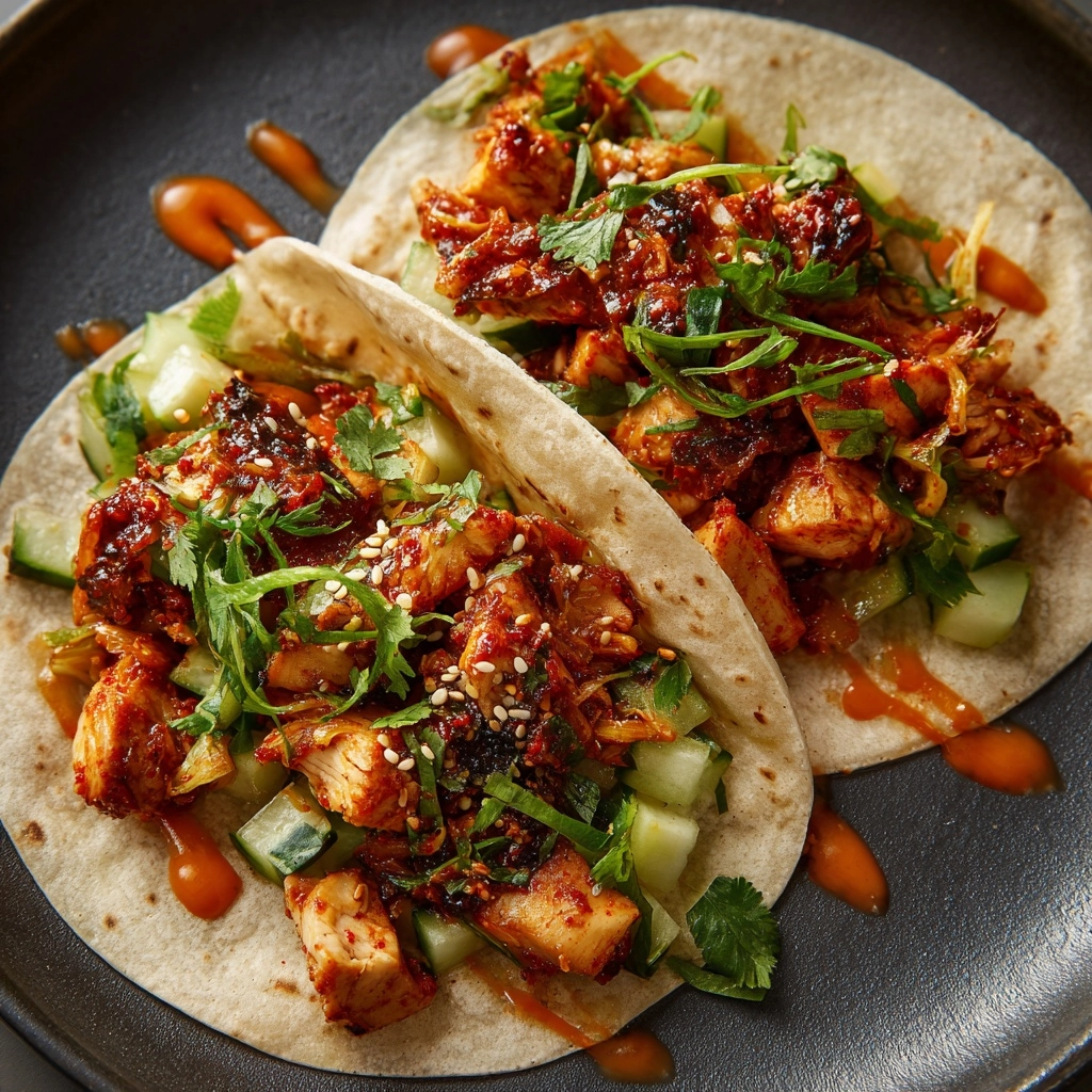 Korean Chicken Tacos with Caramelized Kimchi Recipe - Recipe Image