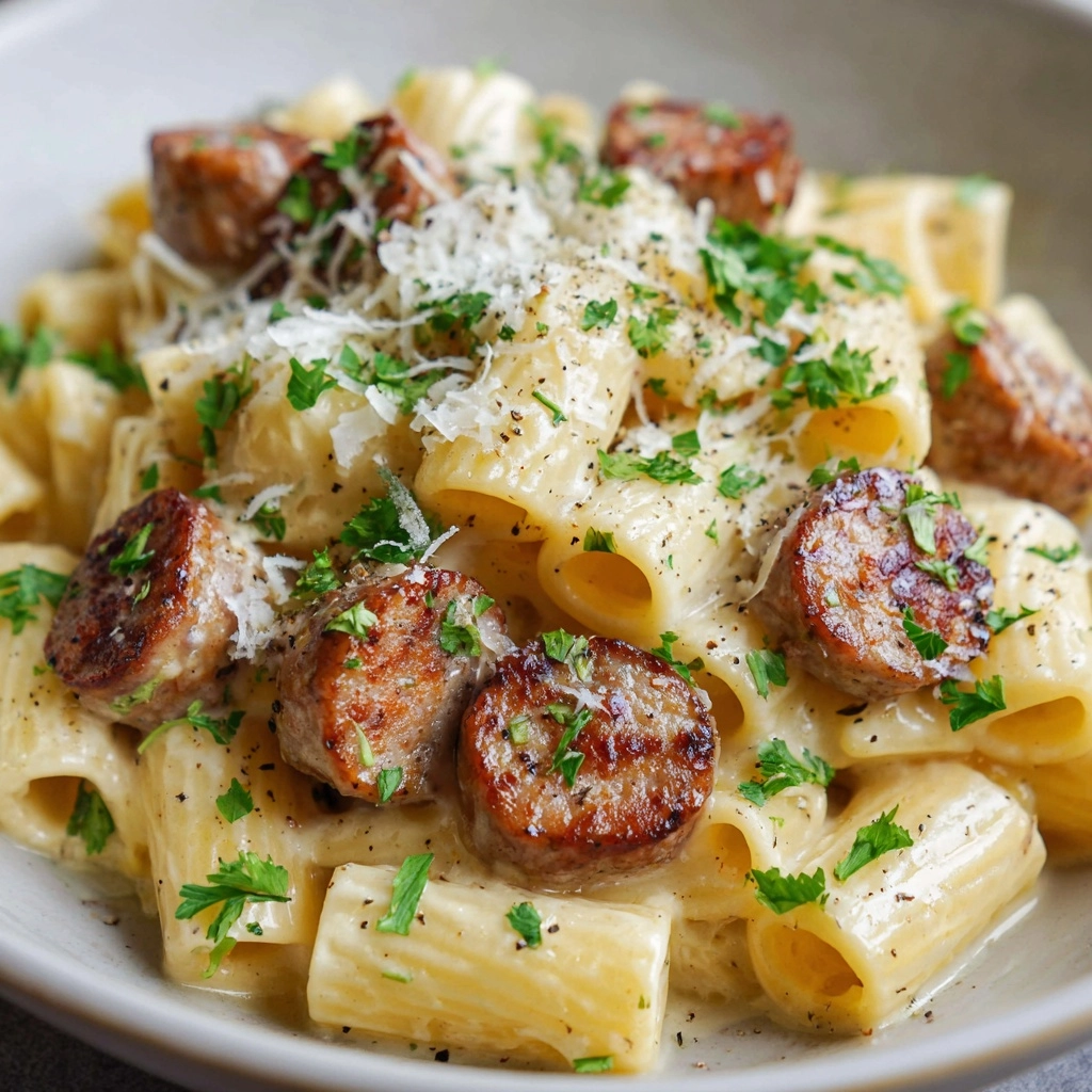 Garlic Sausage Alfredo Rigatoni Recipe - Recipe Image