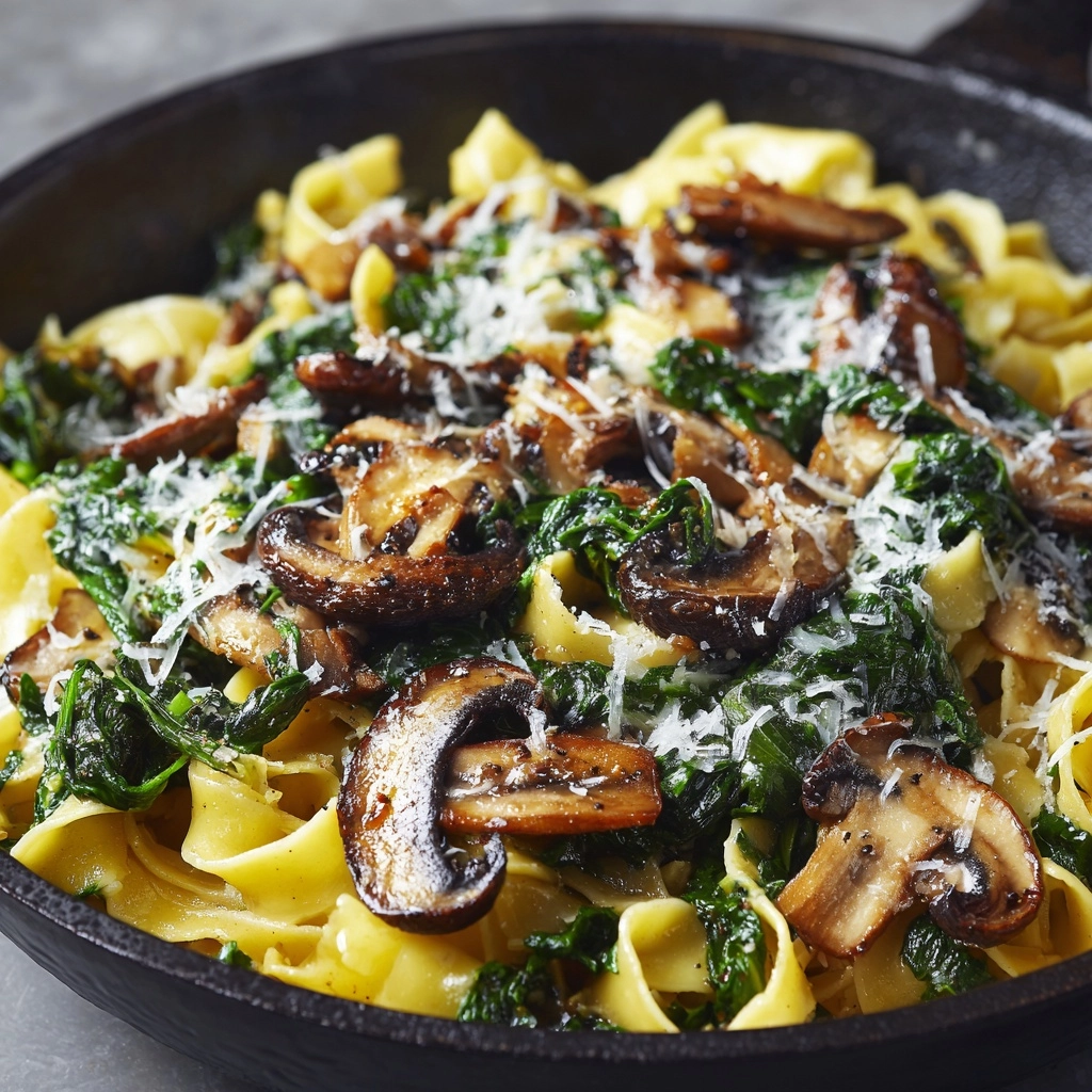 Parmesan Spinach Mushroom Pasta Skillet Recipe - Recipe Image