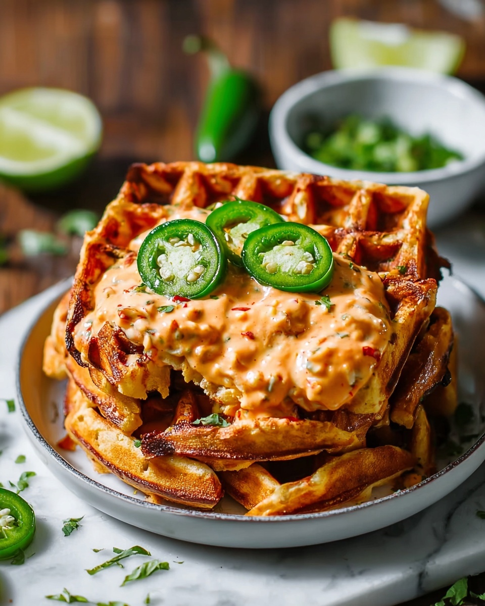 Cheddar Jalapeño Cornbread Waffles with Turkey Chile Con Queso Dip Recipe - Recipe Image