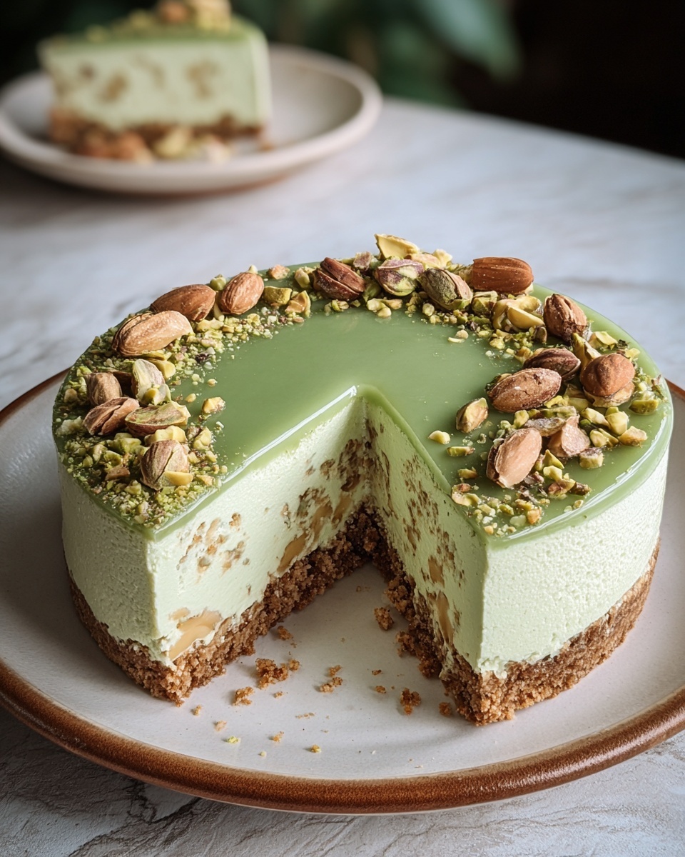 Pistachio Cheesecake with Almond Crust Recipe - Recipe Image