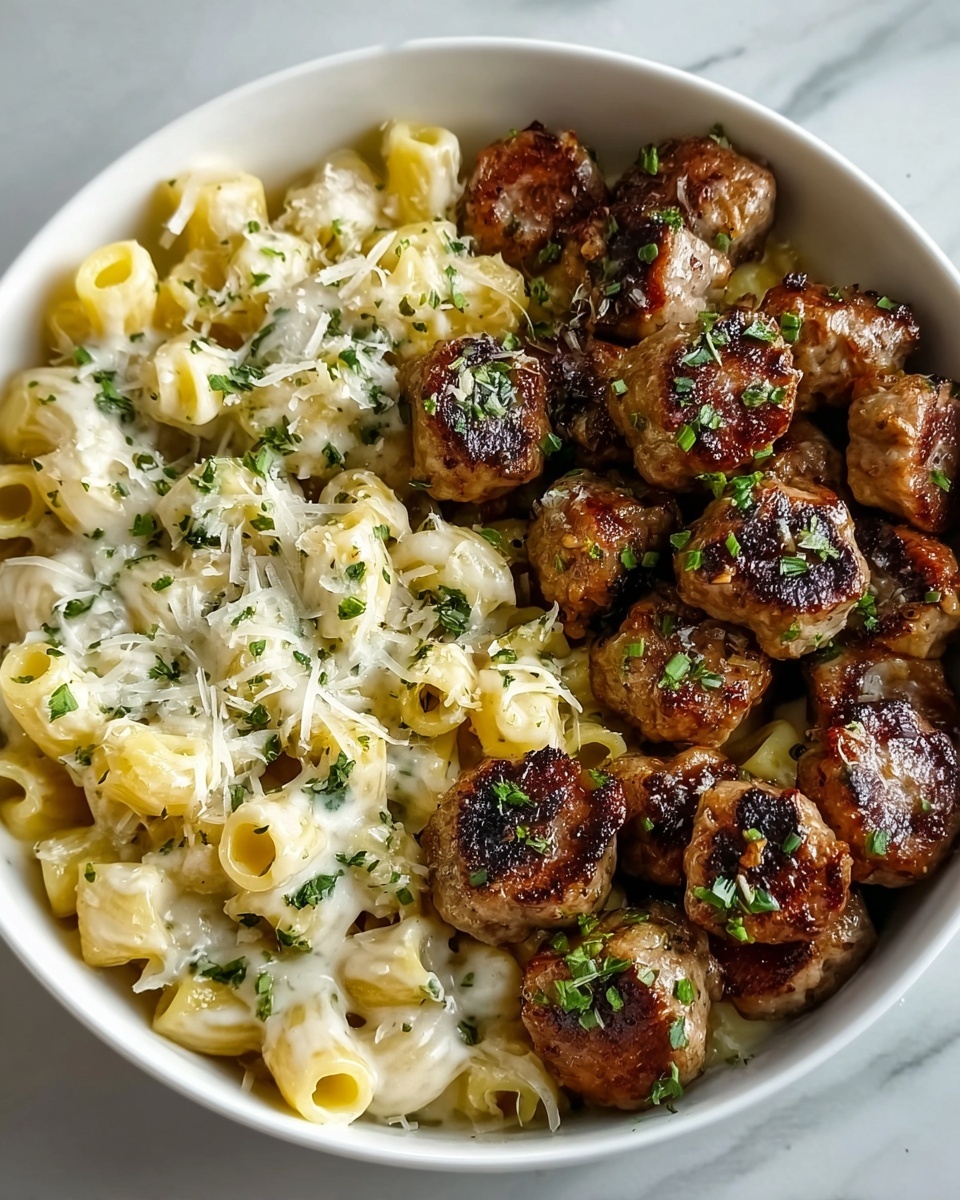 Garlic Butter Sausage Bites with Creamy Parmesan Pasta Recipe - Recipe Image