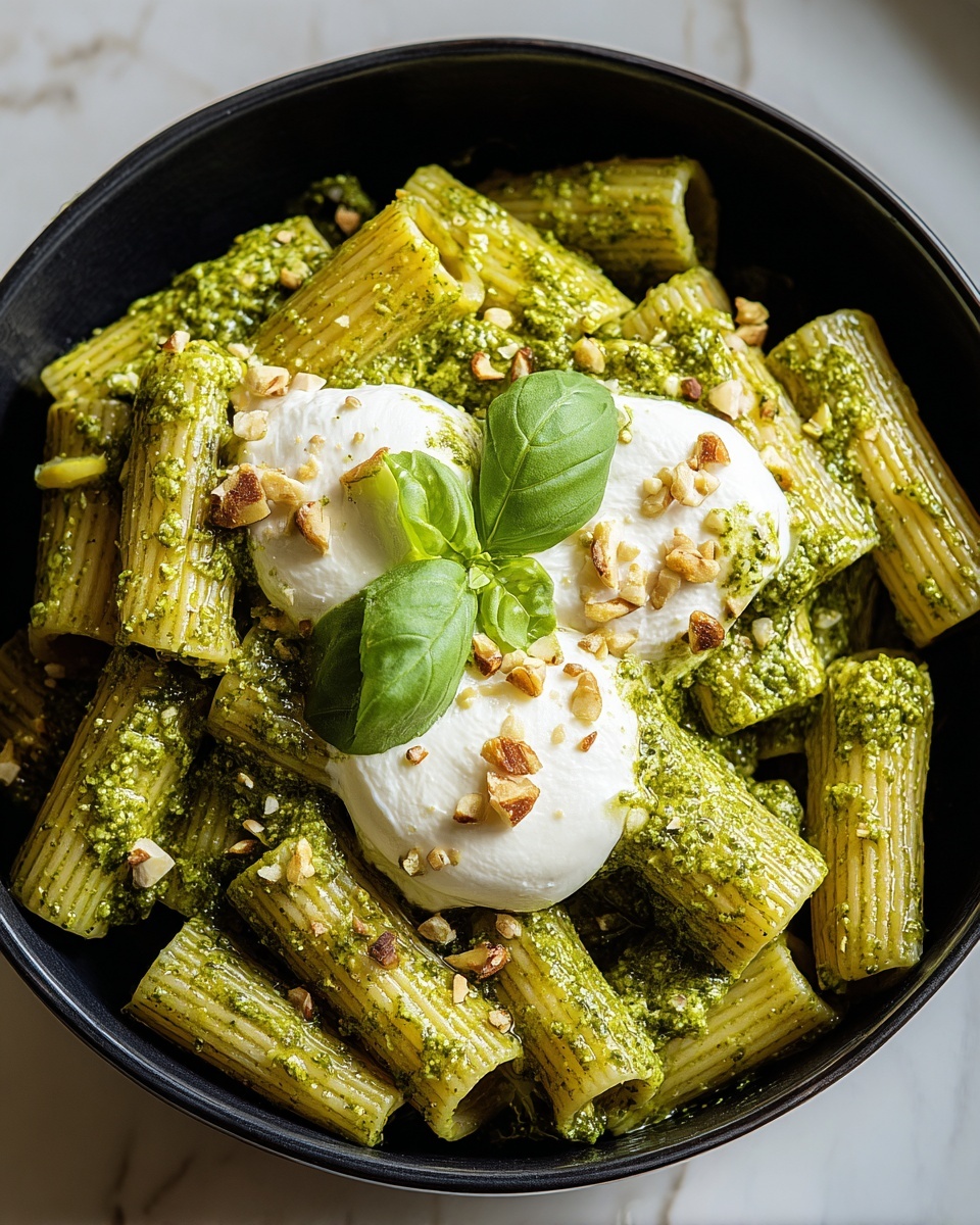 Creamy One Pot Rigatoni with Basil-Pistachio Pesto & Burrata Recipe - Recipe Image