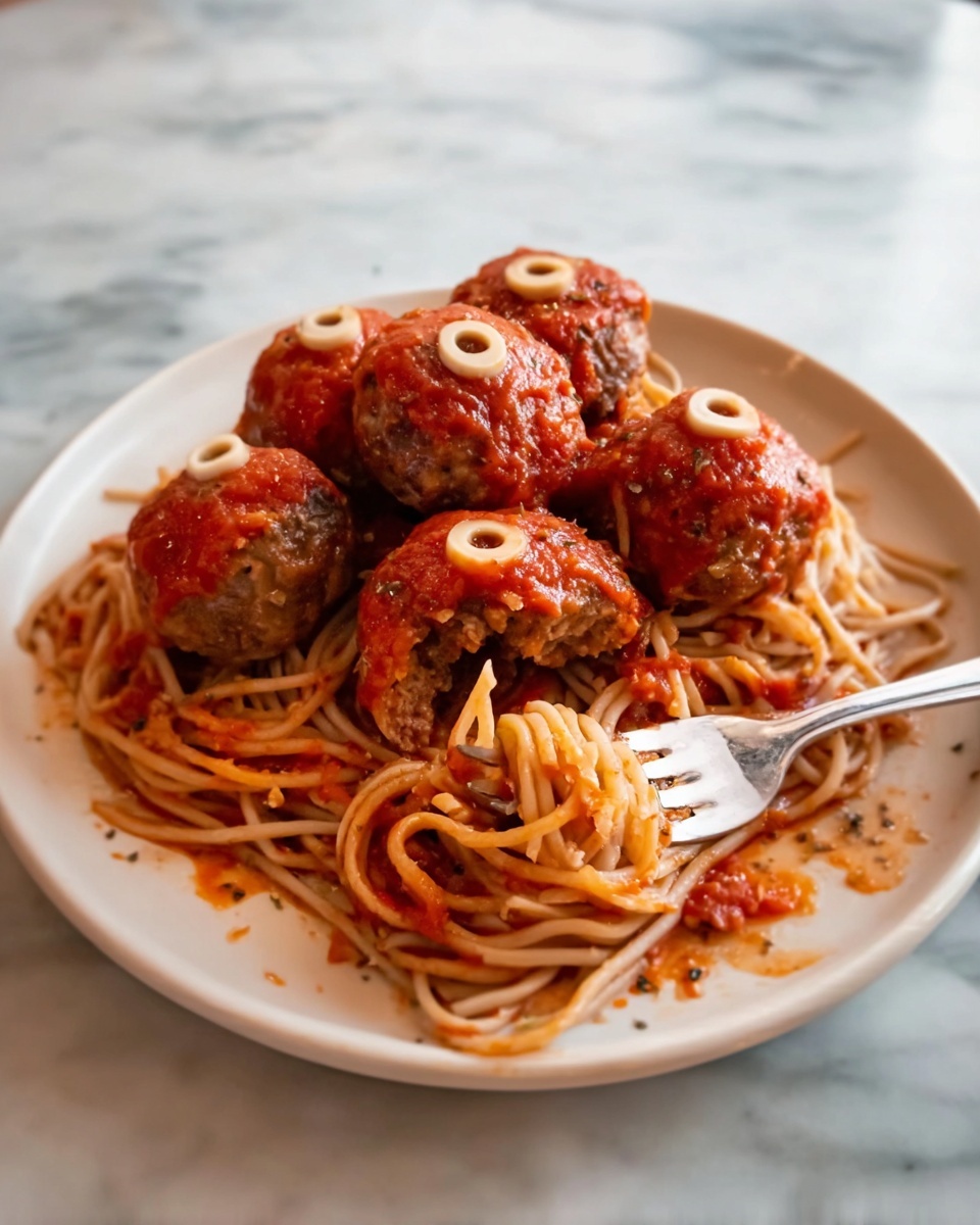 Easy Halloween Zombie Eye Meatballs with Spaghetti Recipe - Recipe Image