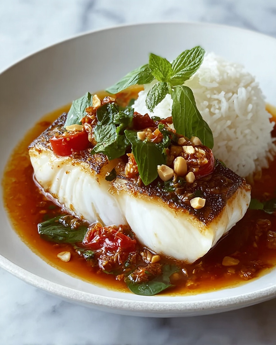 Tomato Poached Fish with Chili Oil and Herbs Recipe - Recipe Image