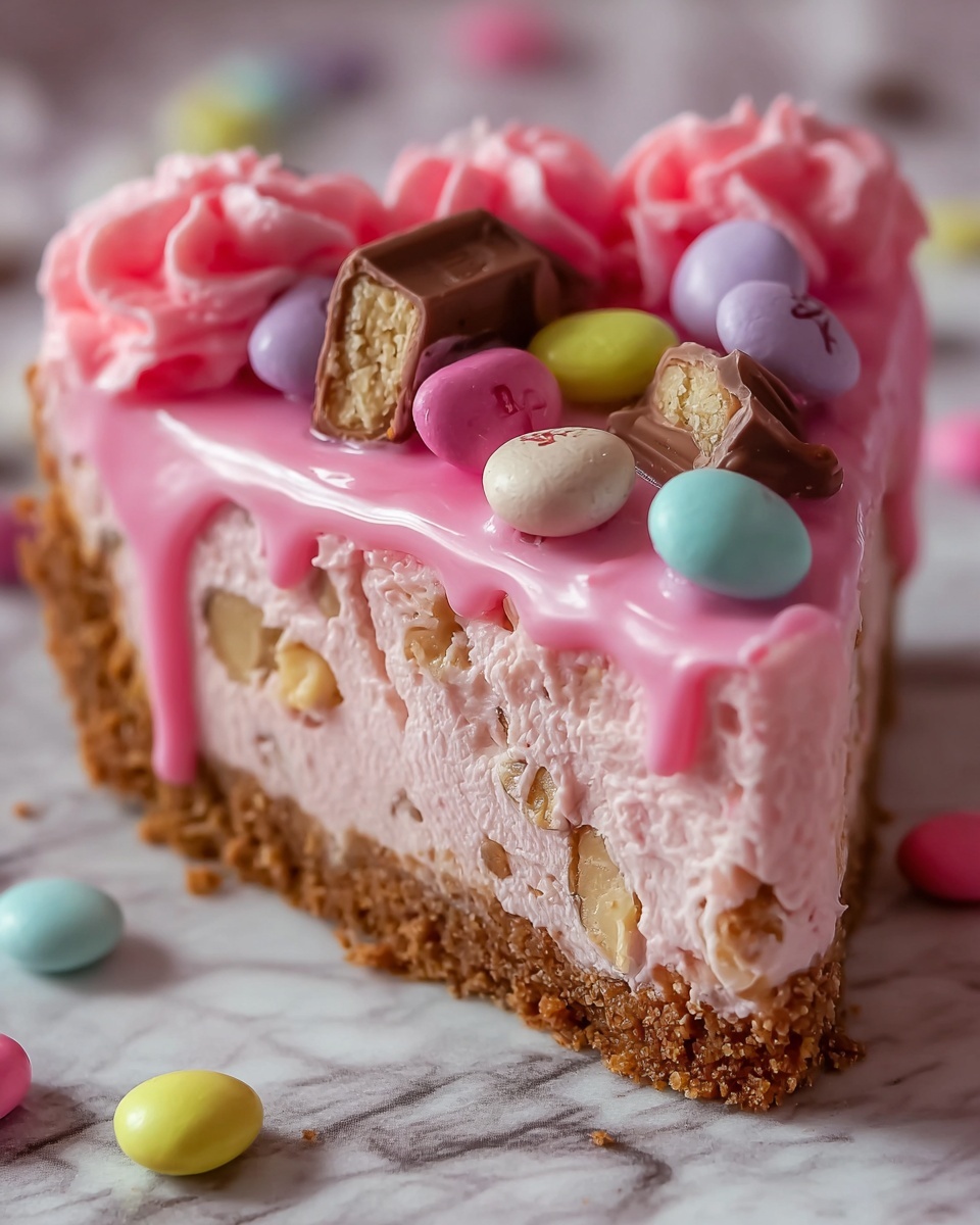 Pink M&M Snickers Cheesecake Recipe - Recipe Image