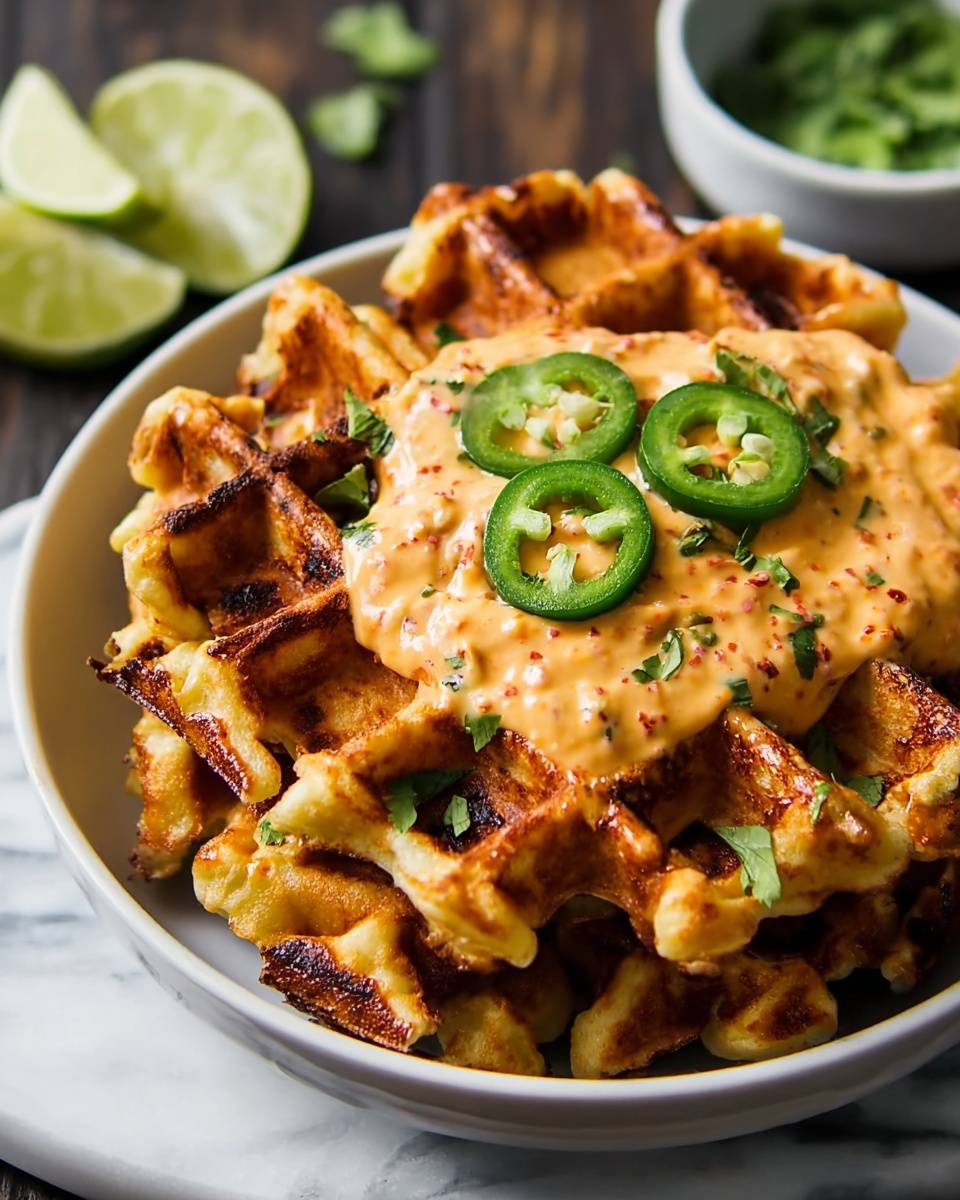 Cheddar Jalapeño Cornbread Waffles with Turkey Chile Con Queso Dip Recipe - Recipe Image