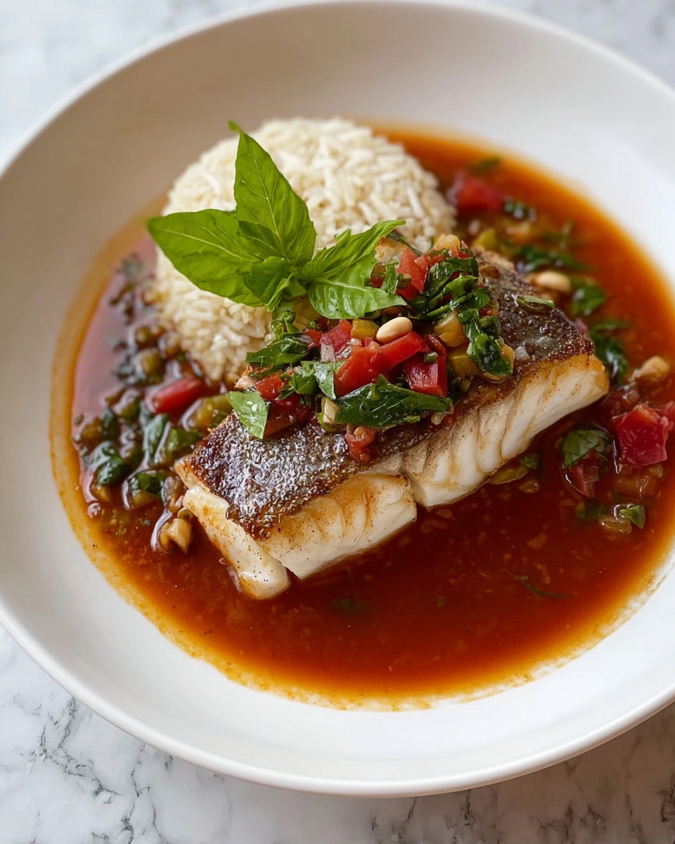Tomato Poached Fish with Chili Oil and Herbs Recipe - Recipe Image
