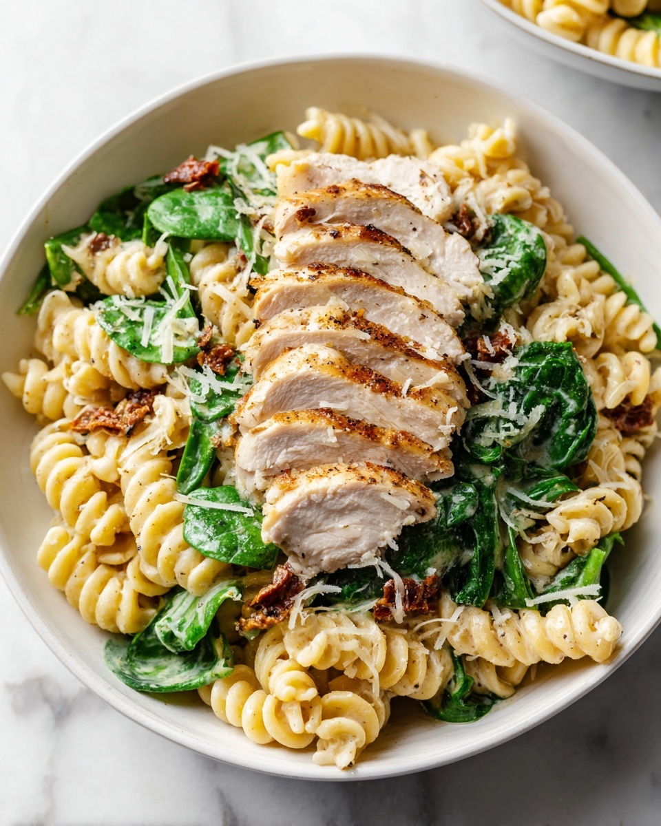 Creamy Chicken Pesto Pasta with Spinach and Sun-Dried Tomatoes Recipe - Recipe Image