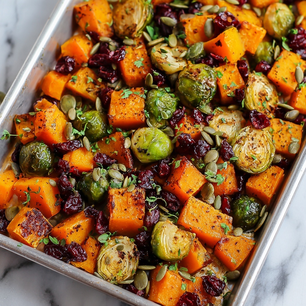 Roasted Butternut Squash & Brussels Sprouts with Maple, Cranberries, and Pumpkin Seeds Recipe - Recipe Image