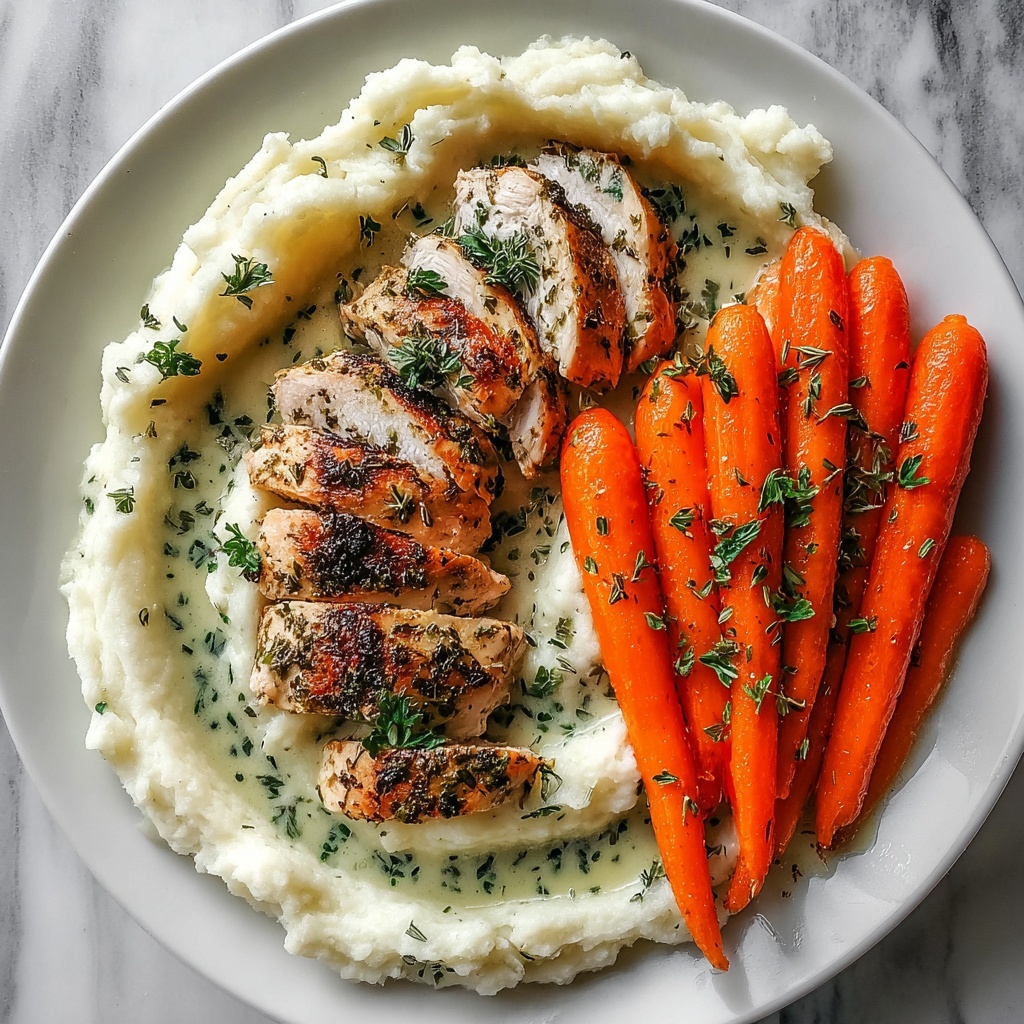 Garlic Herb Chicken with Creamy Mashed Potatoes and Roasted Carrots Recipe - Recipe Image