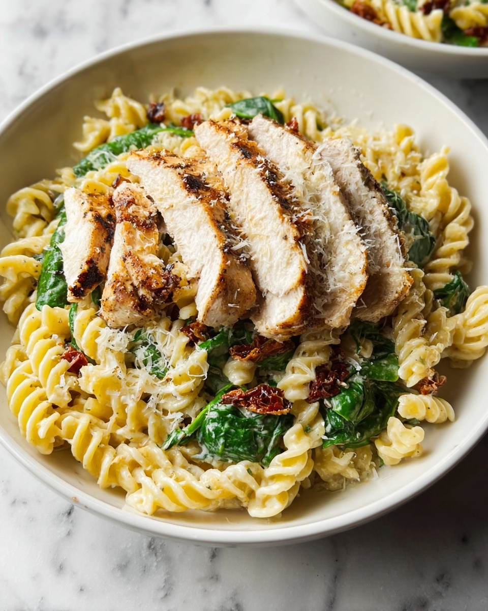 Creamy Chicken Pesto Pasta with Spinach and Sun-Dried Tomatoes Recipe - Recipe Image