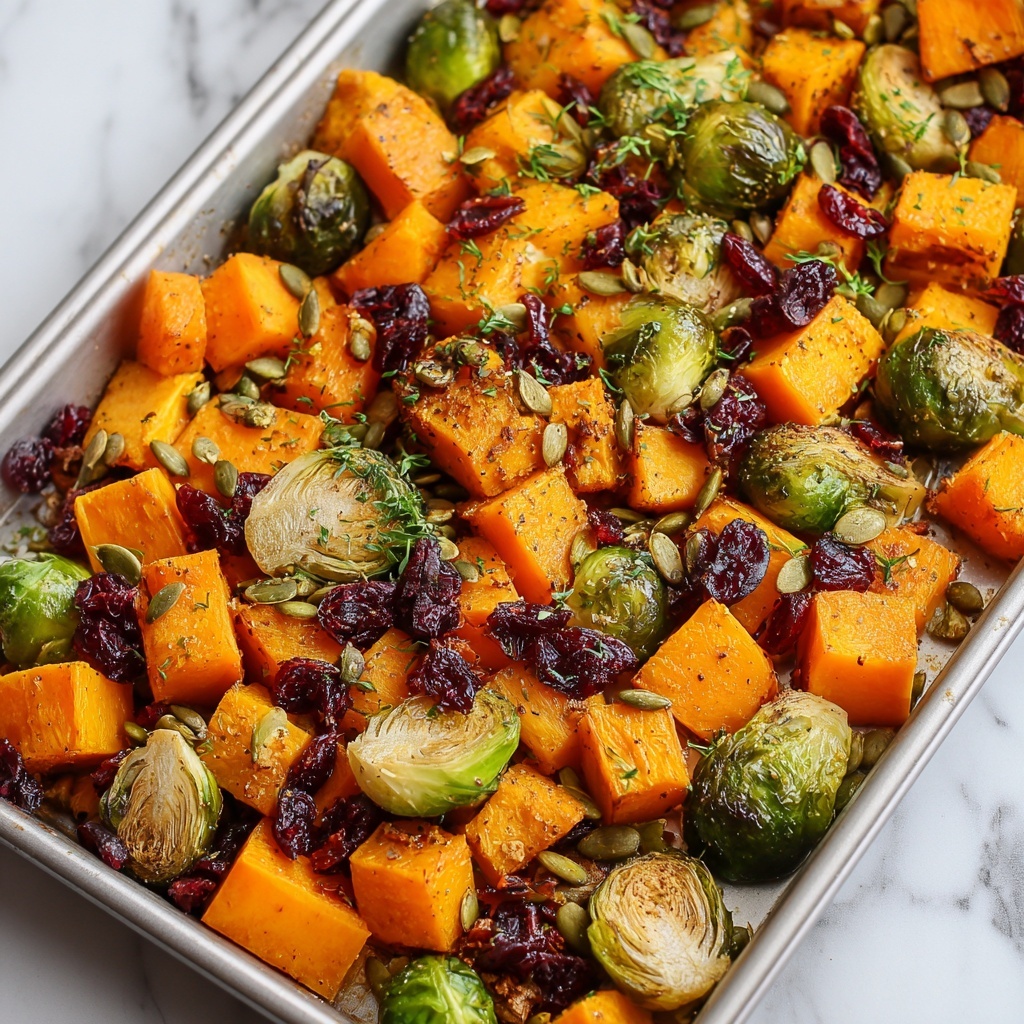 Roasted Butternut Squash & Brussels Sprouts with Maple, Cranberries, and Pumpkin Seeds Recipe - Recipe Image