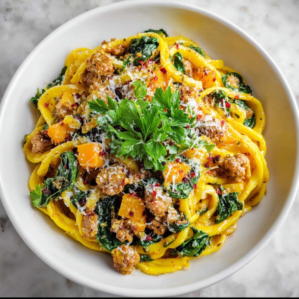 Creamy Butternut Squash Pasta with Sausage and Spinach Recipe - Recipe Image