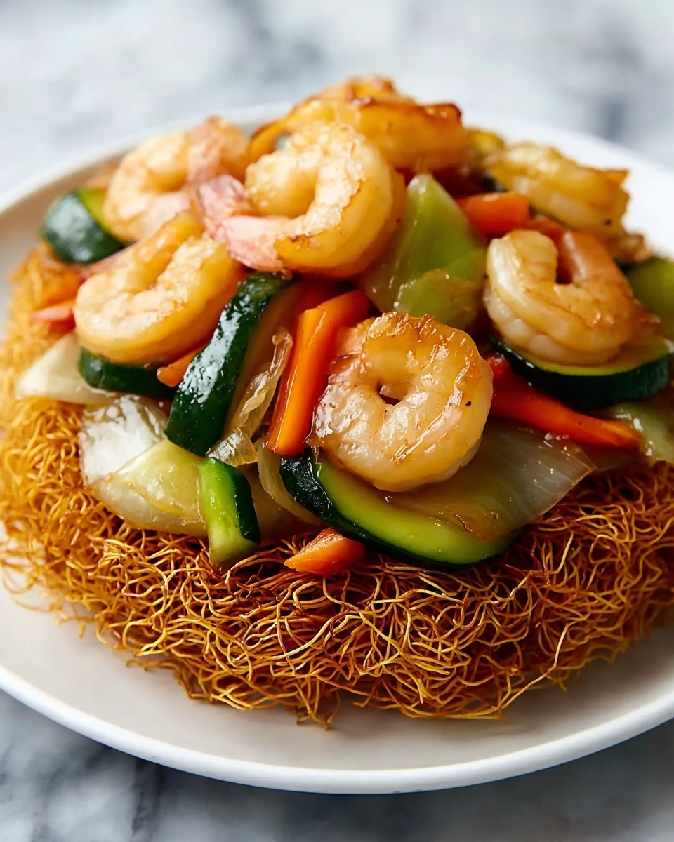 Crispy Cake Noodle Stir Fry with Shrimp and Vegetables Recipe - Recipe Image