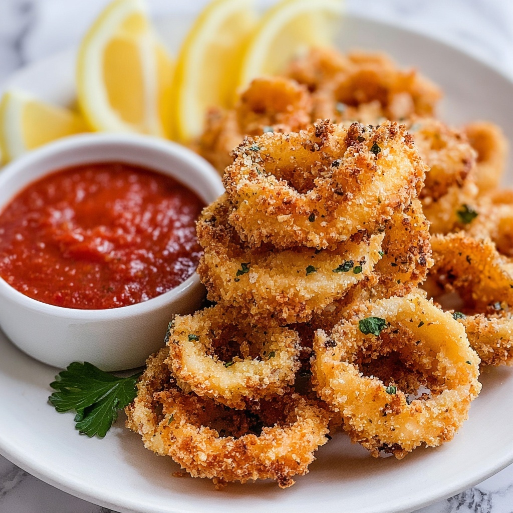 Crispy Fried Calamari with Lemon Wedges Recipe - Recipe Image