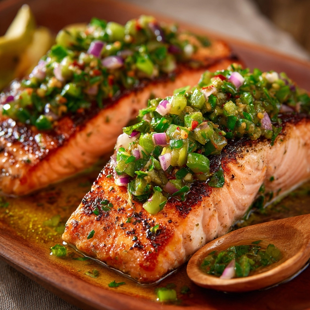 Miso Butter Salmon with Sizzled Scallion Salsa Verde Recipe - Recipe Image