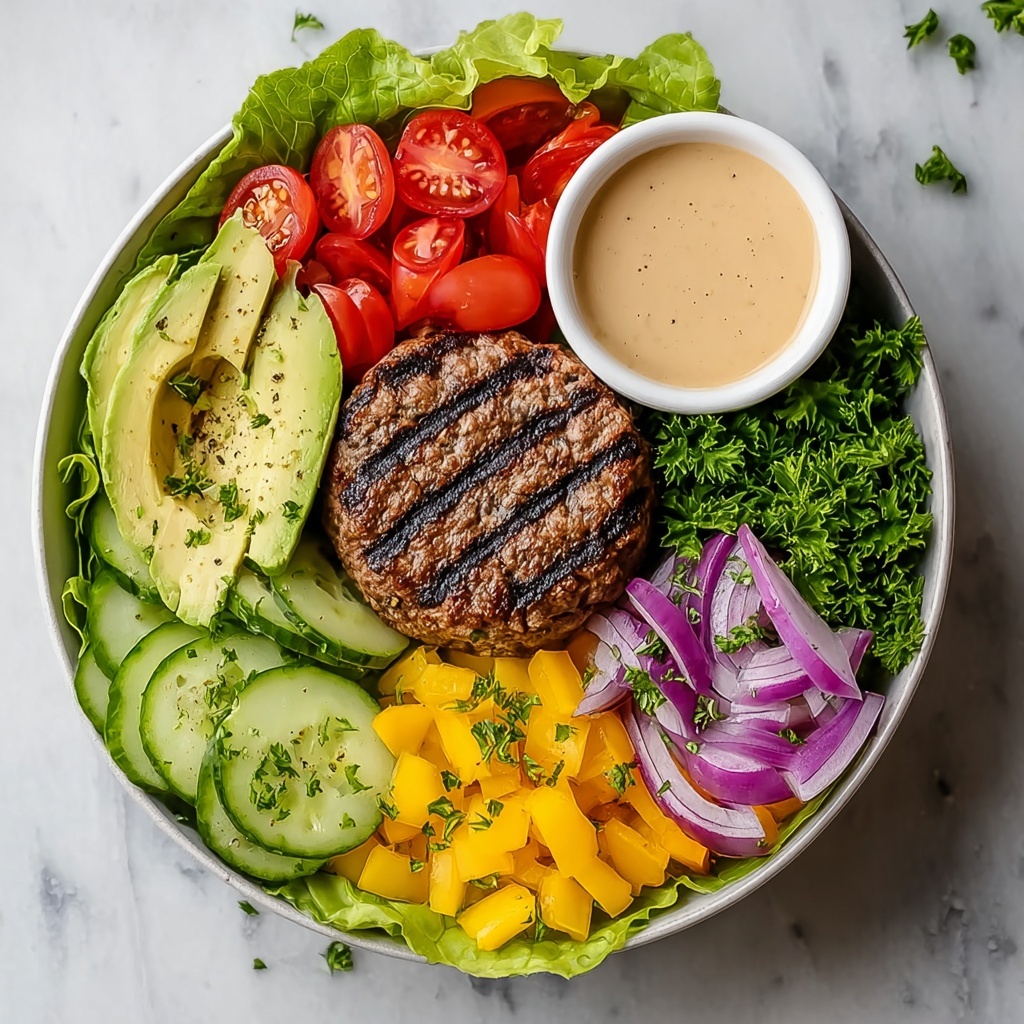 Juicy Grilled Burger Bowls with Fresh Vegetables Recipe - Recipe Image