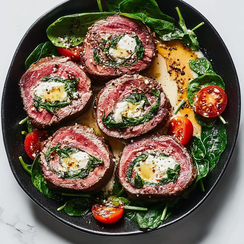 Flank Steak Pinwheels with Spinach, Roasted Red Peppers, and Provolone Recipe - Recipe Image