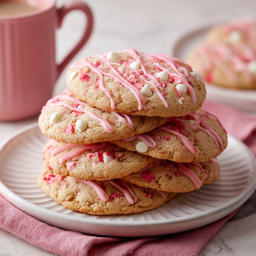 Strawberry Crunch Cookies with White Chocolate Chips and Pink Strawberry Glaze Recipe - Recipe Image