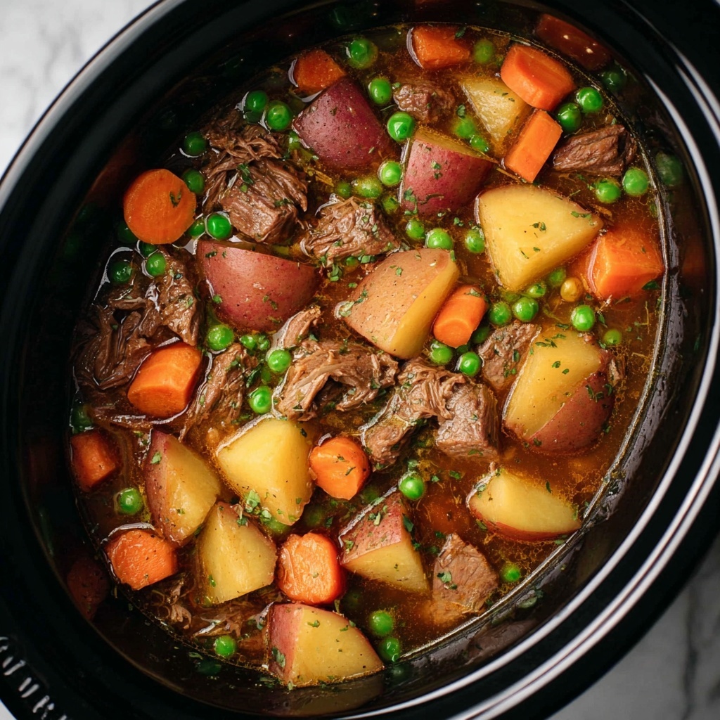 Crockpot Beef Stew with Potatoes, Carrots, and Peas Recipe - Recipe Image