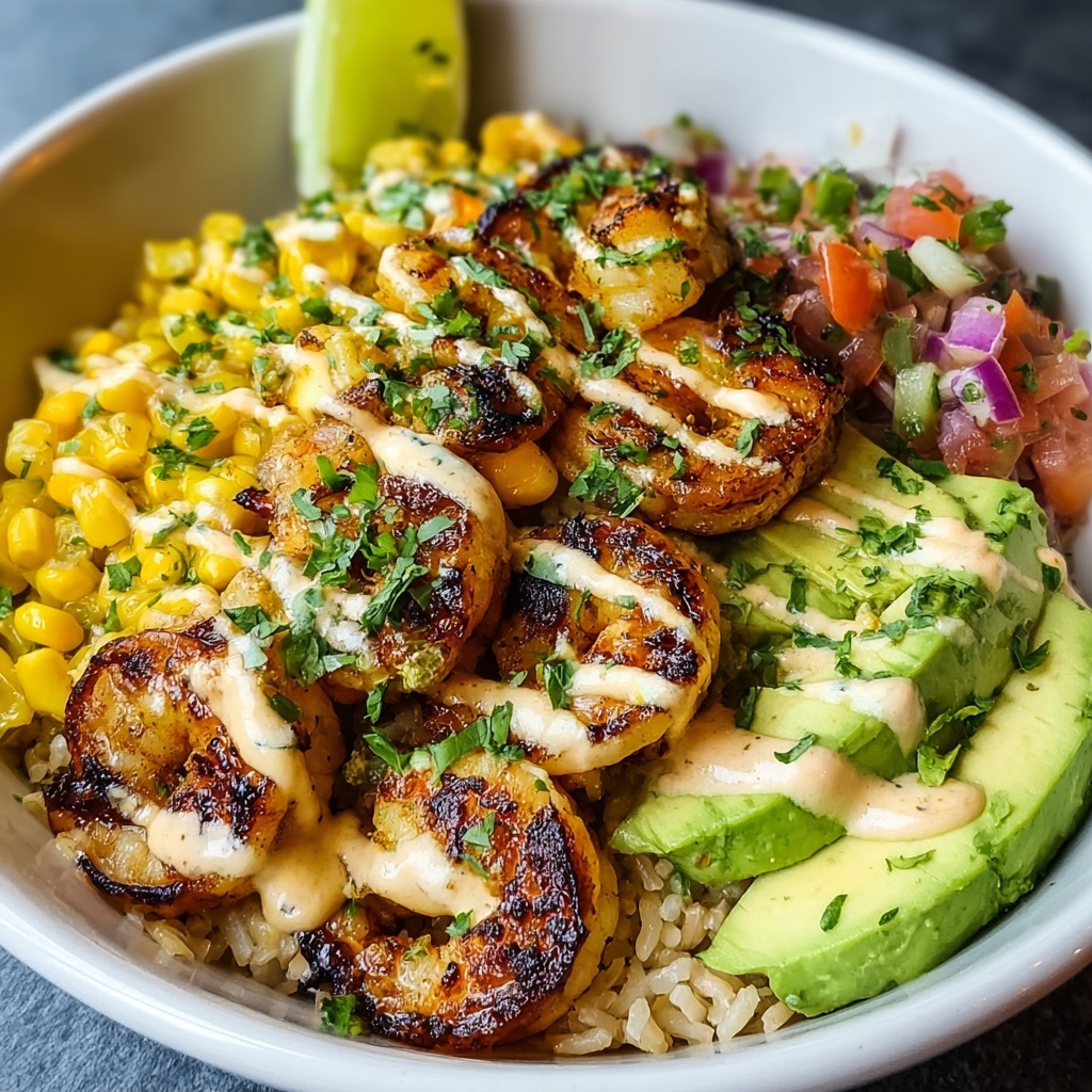 Grilled Shrimp Bowl with Avocado Corn Salsa and Creamy Lime Sauce Recipe - Recipe Image