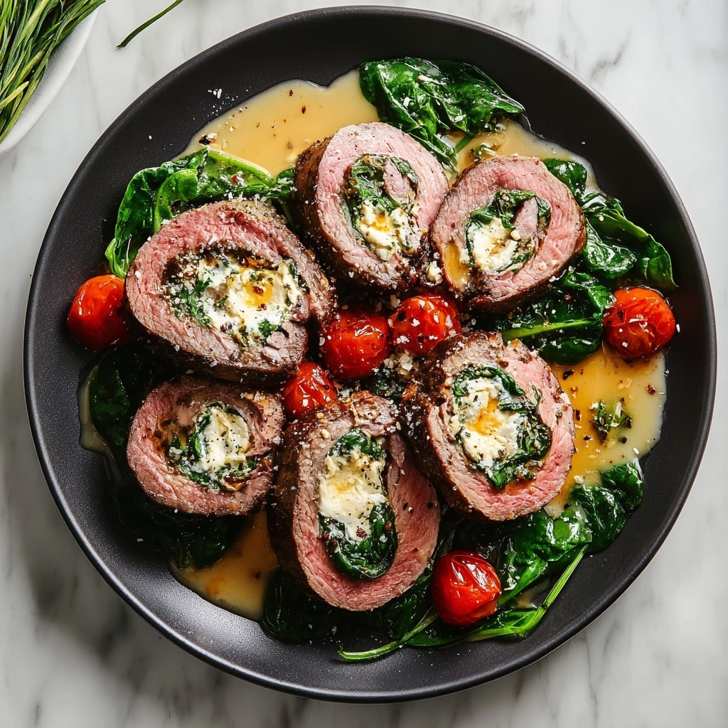 Flank Steak Pinwheels with Spinach, Roasted Red Peppers, and Provolone Recipe - Recipe Image