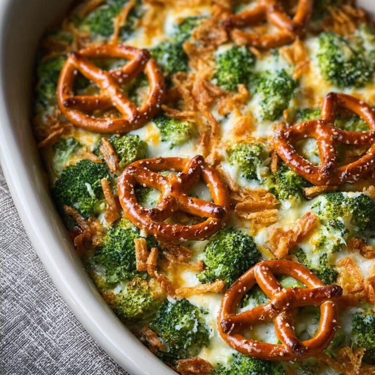 Creamy Broccoli Cheddar Casserole with Garlic Butter Pretzels Recipe