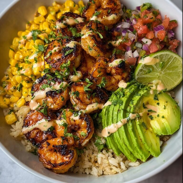 Grilled Shrimp Bowl with Avocado Corn Salsa and Creamy Lime Sauce Recipe