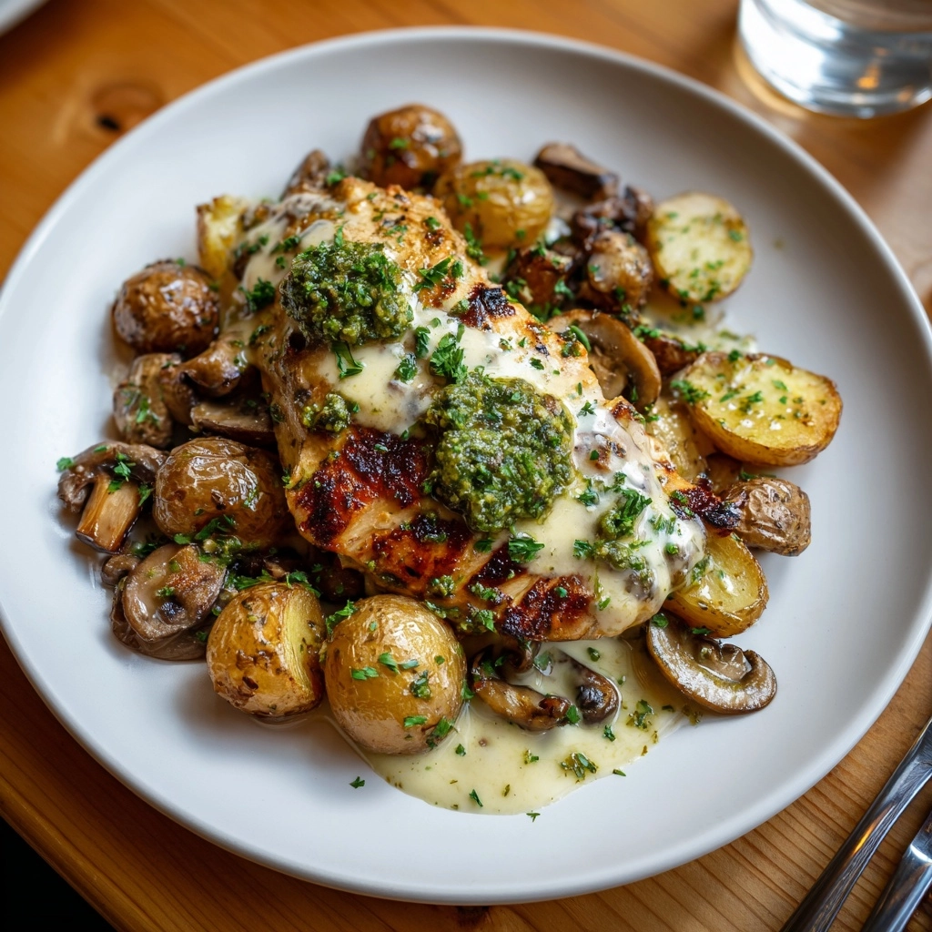 Creamy Garlic Mushroom Chicken Alfredo with Basil Pesto Potatoes Recipe - Recipe Image