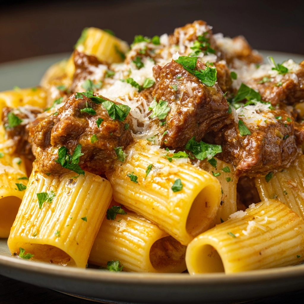 Creamy Parmesan Beef with Rigatoni Pasta Recipe - Recipe Image