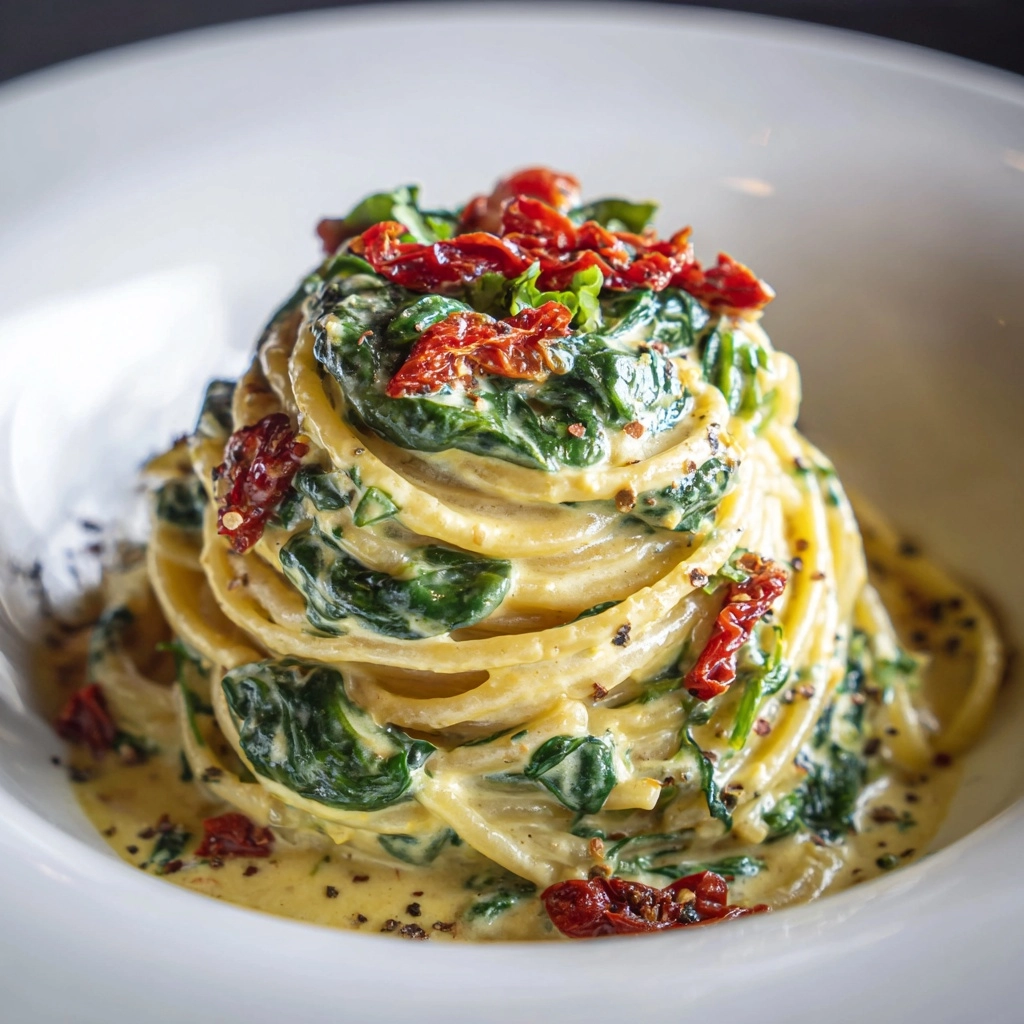 Spaghetti & Spinach with Sun-Dried Tomato Cream Sauce Recipe - Recipe Image