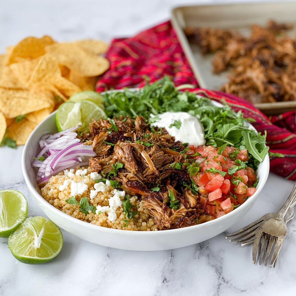 Carnitas Bowl with Quinoa, Arugula, and Fresh Toppings Recipe - Recipe Image