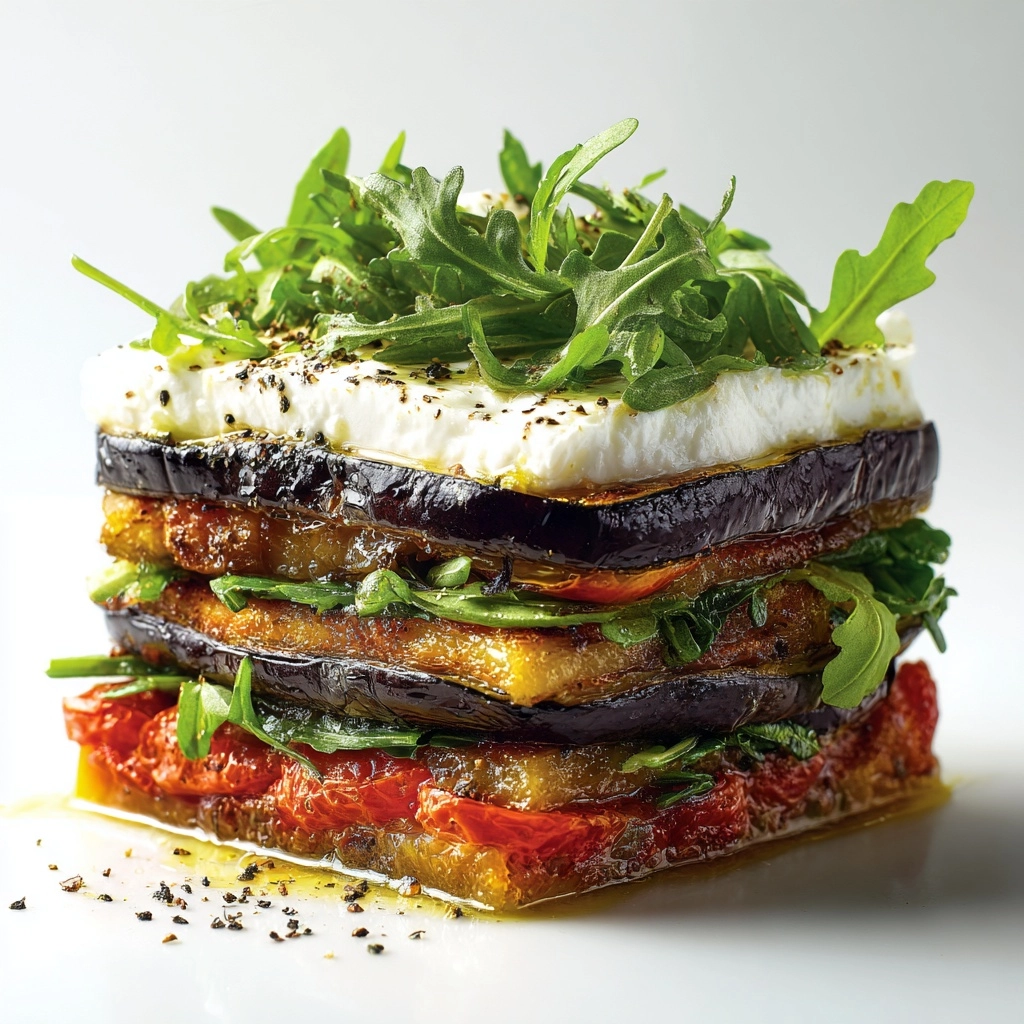 Grilled Eggplant Ratatouille with Fresh Cheese and Arugula Recipe - Recipe Image