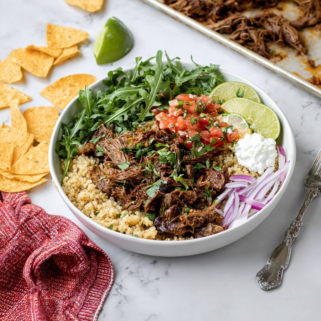 Carnitas Bowl with Quinoa, Arugula, and Fresh Toppings Recipe - Recipe Image