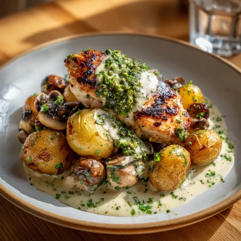 Creamy Garlic Mushroom Chicken Alfredo with Basil Pesto Potatoes Recipe