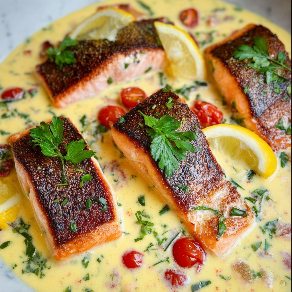 Tuscan Salmon with Spinach, Tomatoes, and Rich Creamy Sauce Recipe - Recipe Image