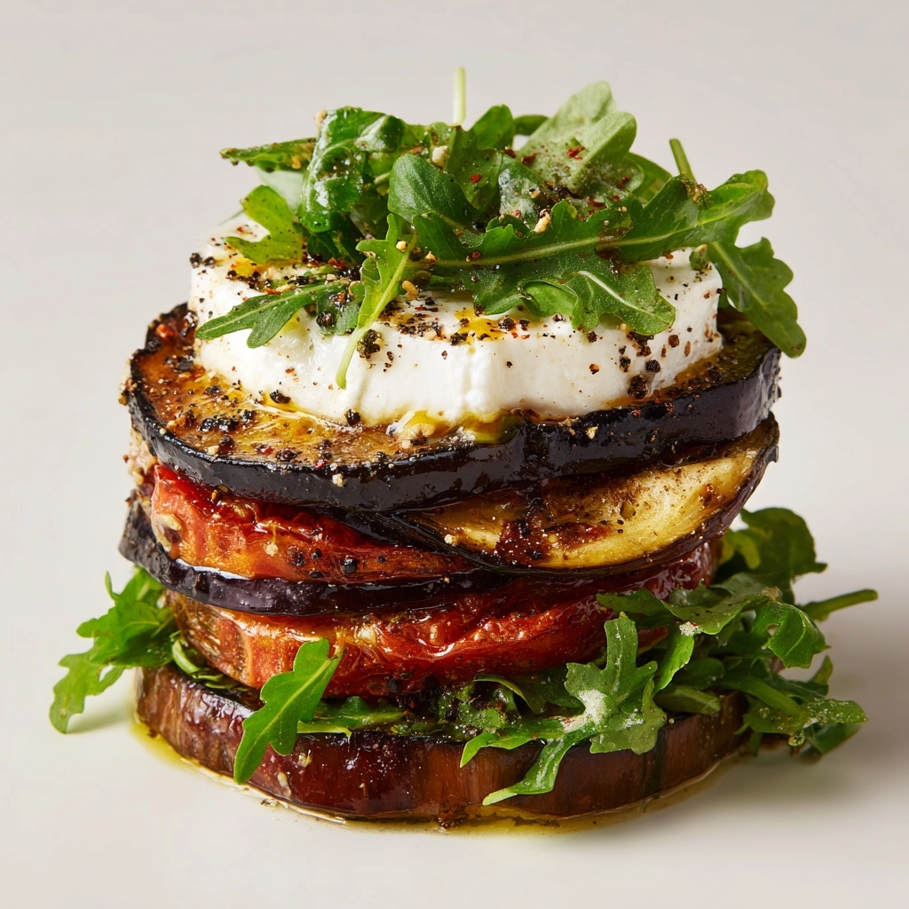 Grilled Eggplant Ratatouille with Fresh Cheese and Arugula Recipe - Recipe Image