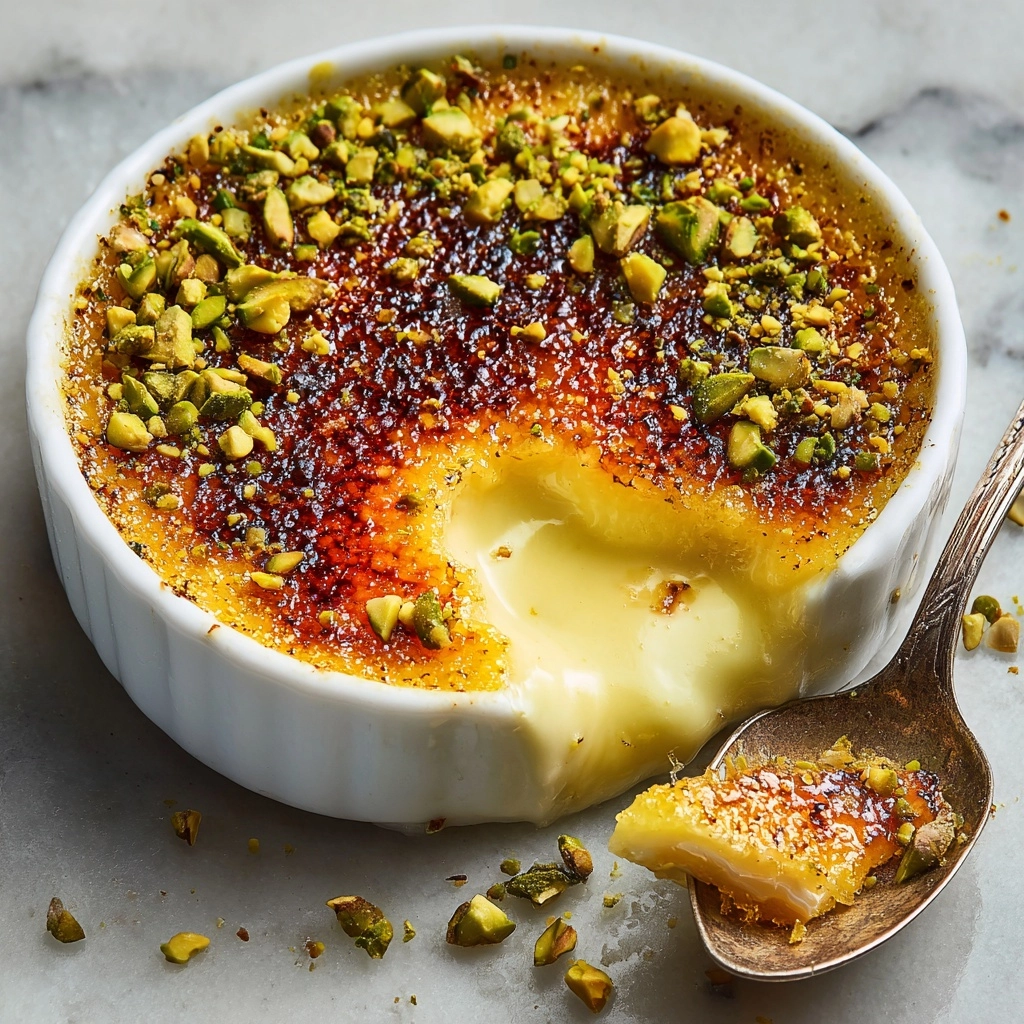 White Chocolate Lavender Brûlée with Pistachio Crunch Recipe - Recipe Image