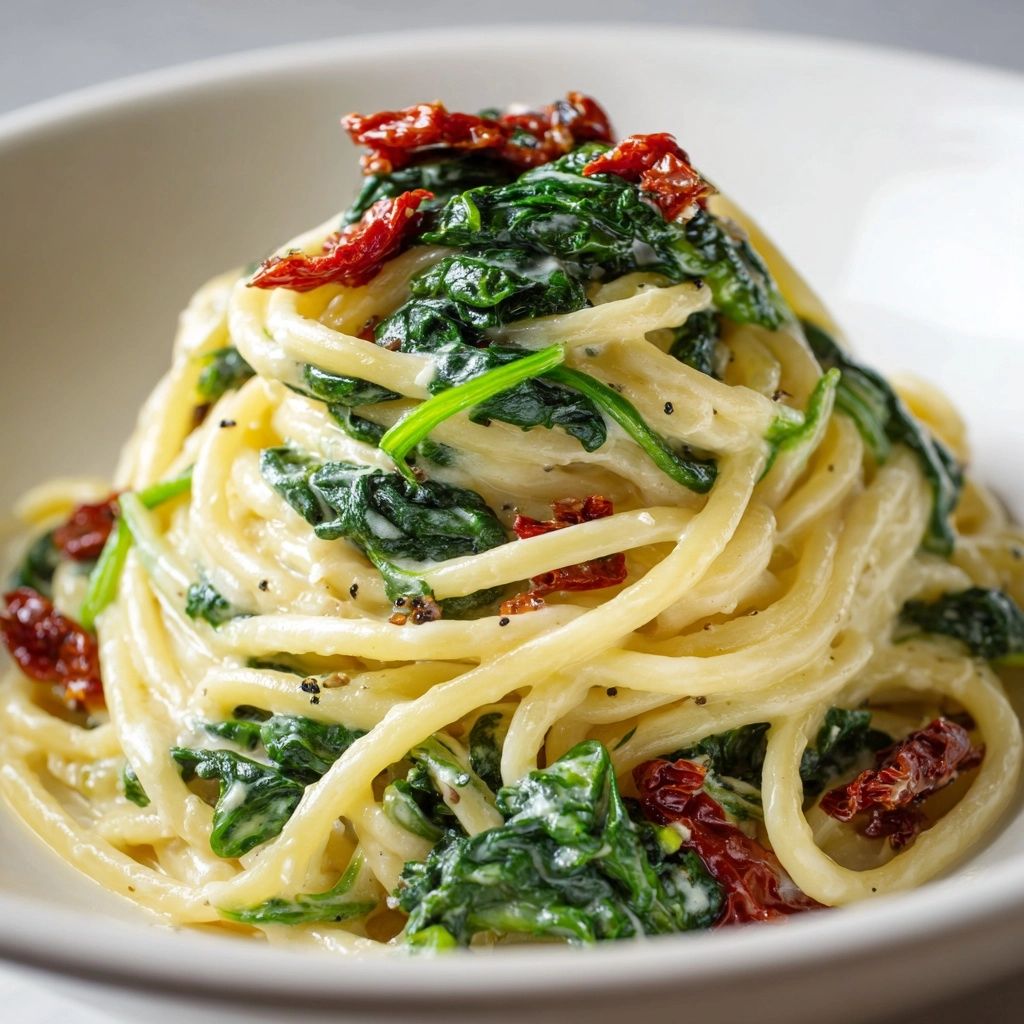 Spaghetti & Spinach with Sun-Dried Tomato Cream Sauce Recipe - Recipe Image