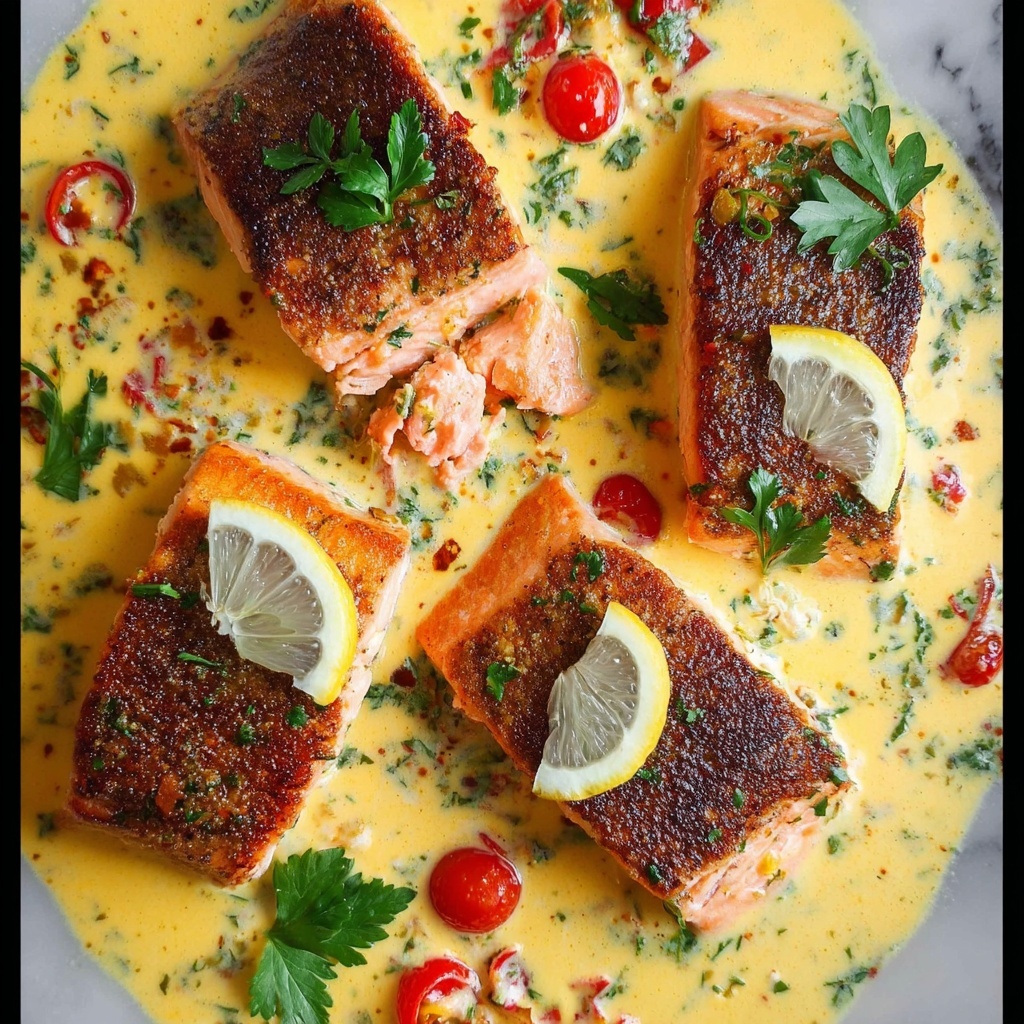 Tuscan Salmon with Spinach, Tomatoes, and Rich Creamy Sauce Recipe - Recipe Image