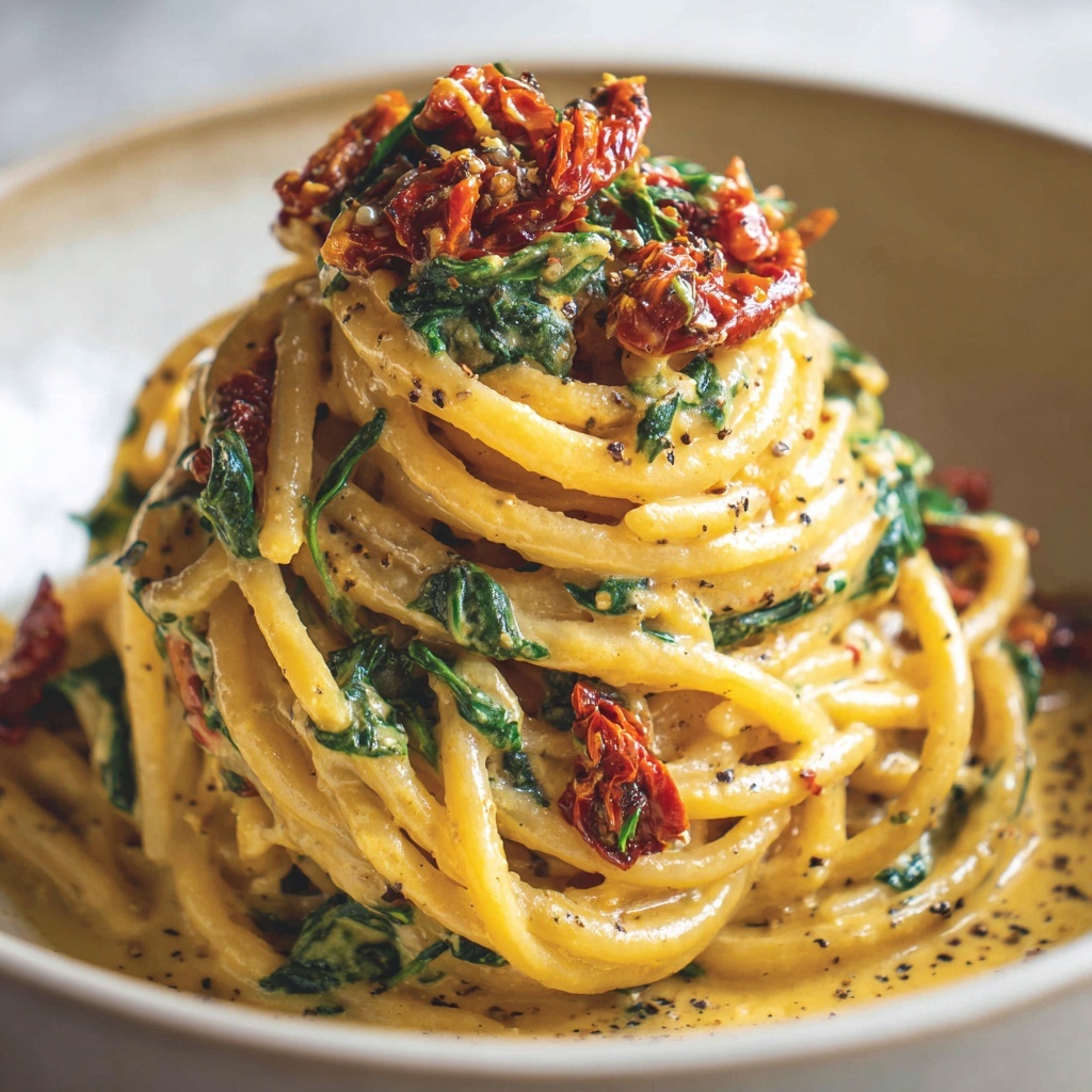 Spaghetti & Spinach with Sun-Dried Tomato Cream Sauce Recipe - Recipe Image