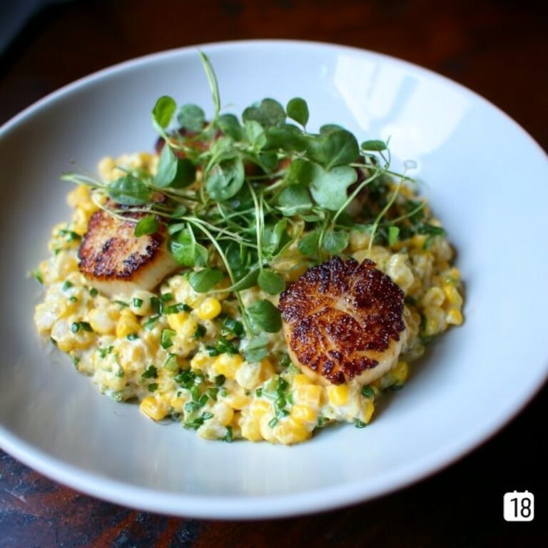 Creamed Corn with Seared Scallops and Pea Shoots Recipe