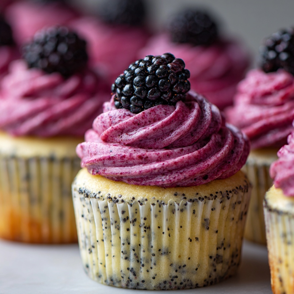 Lemon Poppy Seed Cupcakes with Blackberry Frosting Recipe - Recipe Image